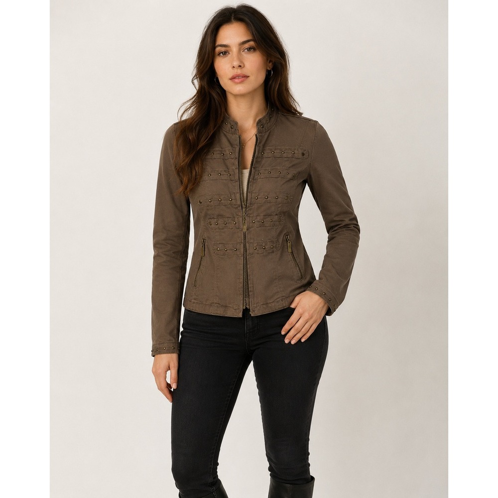Brown Studded Military Jacket Cotton Stretch Moto Utility Large